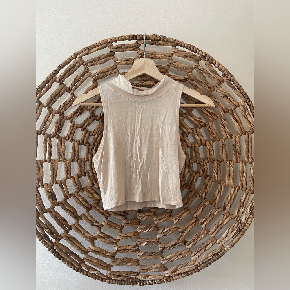 Sleeveless Mock Neck Crop Top - Beige